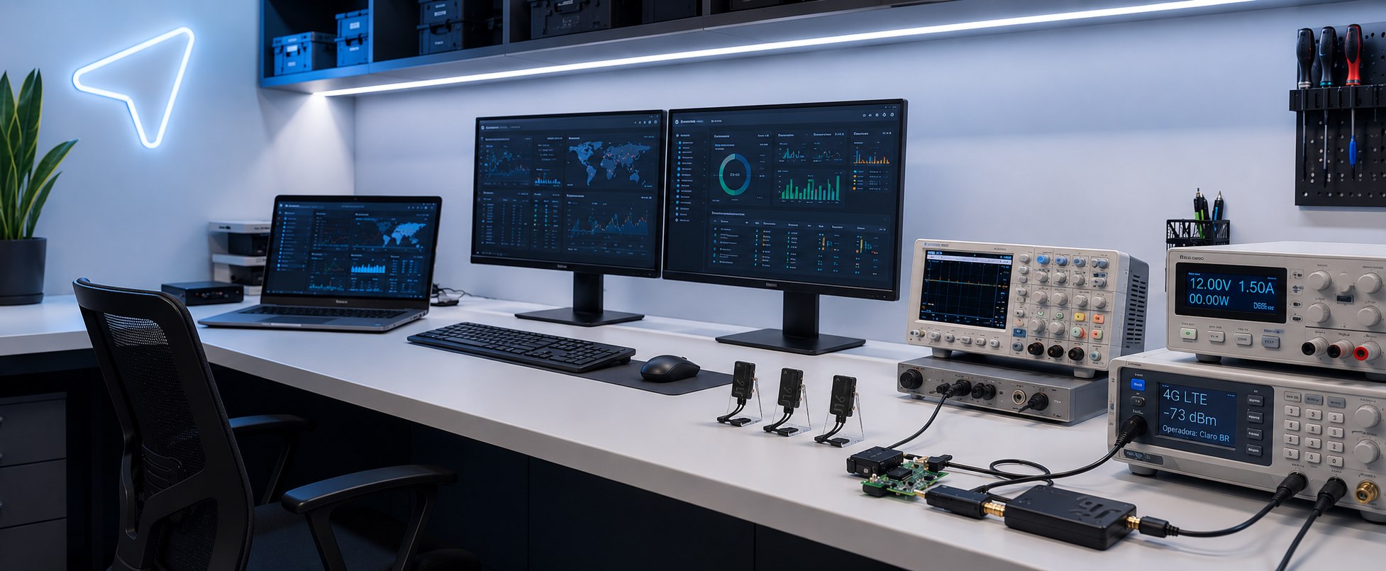 Laboratório técnico OnTrack — bancada de testes e dispositivos